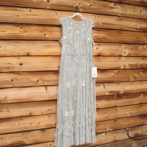 MAC DUGGAL  9360 Green Floral Mesh Sleeveless A Line Micro Ruffle Gown Dress - Picture 6 of 14